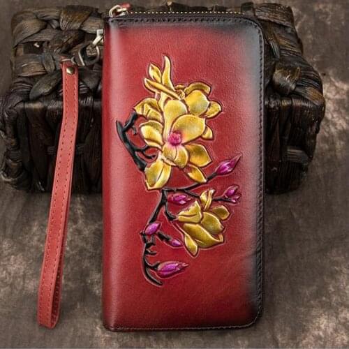 Women Clutch Wallet Zipper Bag Female ID Credit Cards Clips Floral Genuine Leather Embossed Printing Long Purse Wrist Money B