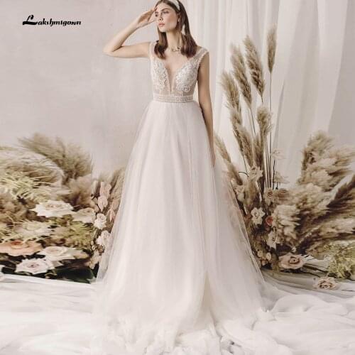 Lace V-Neck Sleeveless Beach Wedding Dresses Tulle Appliques V-Neck Bridal Gowns Lakshmigown dress princess white