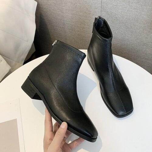 Autumn Warm Winter Leather Boots Women Ankle Boots Square High Heels Pointed Martin Boots Casual Shoes Woman Zipper Ladies Boots