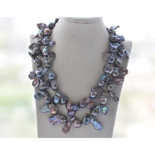 MCT·STAR Z10550 2Row 20" 30mm Black Baroque Angle-Wing Keshi Pearl Necklace CZ