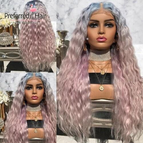Preferred Ombre Blue Human Hair Wigs Pre Plucked Pink Lace Front Human Hair Wigs Brazilian Remy Transparent Lace Wigs for Women