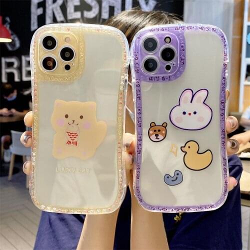 Transparent Cute Carton Bear Rabbit Print Soft TPU Phone Case For iphone 12 11 Pro Xs Max X Xr 7 8 Plus Shockproof Back Cover