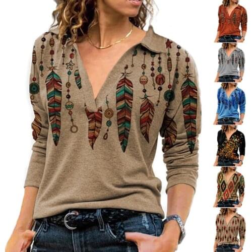 2021 Women Autumn Winter Shirt V-neck Lapel Blouse Fashion Print Long Sleeve Harajuku Ladies Shirts Large Blouses Tops Blusas