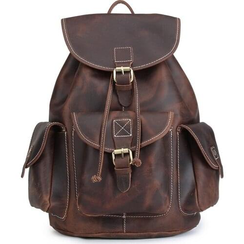 Backpack Outdoor Travel First Layer Cowhide Retro Distressed Style Crazy Horse Leather Laptop Bag