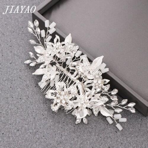 Silver Color Tiara Headband Bridal Hair Accessories Rhinestone Flower Leaf Tiara Hair Comb For Wedding Decoration Head Jewelry