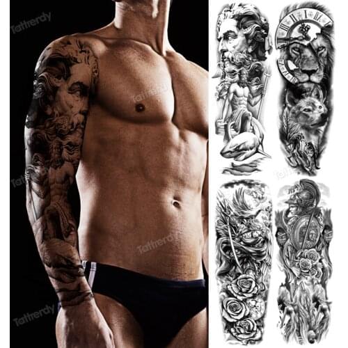 Waterproof temporary tattoos full arm sleeve large body tattoos for men women black tattoo sticker skull lion wolf clock tatoo