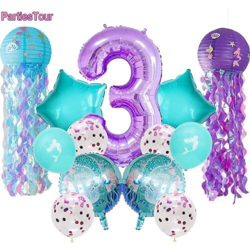 Mermaid Party Ballon Under the Sea Party Hanging Jellyfish Paper Lantern Balloon Number 3 Foil Balloon for Mermaid 3rd Birthday
