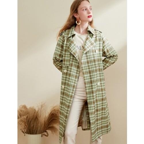 Blue Fall Womens New Avocado Green Check Classic Lapel Double Breasted Windbreaker