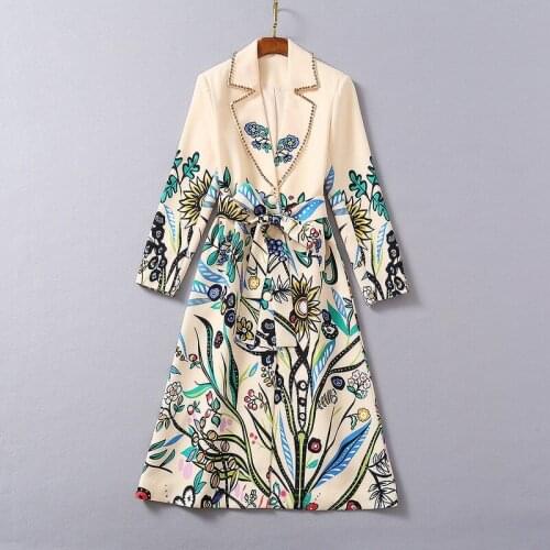 European and American womens wear 2020 winter new style Long-sleeved beaded suit neck print lace-up Fashion trench coats