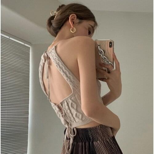 Johnature Vintage Halter Backless Women Tops 2021 Summer New Sexy Knitting Top Full Length Wide Leg Pant Fashion Sets