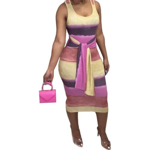 Bandage Stripe Dresses for Women Straps Summer 2021 Fashion Hit Color O-Neck Camisole Sleeveless Sexy Temperament Commuting