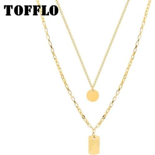 TOFFLO Stainless Steel Jewelry English Double Layered Square Brand Pendant Necklace Womens Fashion Clavicle Chain BSP827