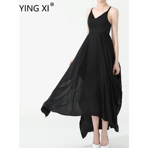YING XI 2020 Spring And Summer Black Sling Dress Women A-Line Irregularity Beach Style Ankle Length Dress