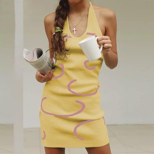 Women Casual Short Dress, Yellow Printed Pattern U-shaped Collar Sleeveless Skirt Slim Halter Dress With Wool Sling