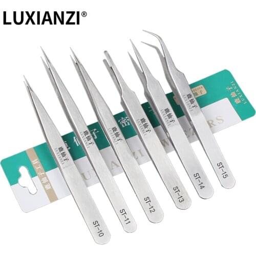 LUXIANZI 1pc Anti-Static Industrial Tweezers Curved Straight Tip Precision Stainless Forceps Phone Electronics Repair Hand Tool