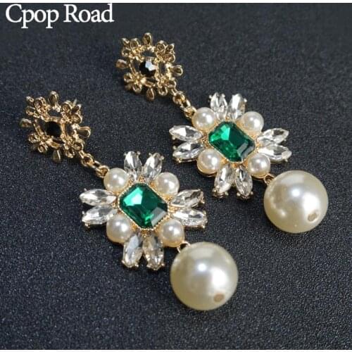Cpop White Imitation Pearl Gothic Vintage Earrings Women New Trendy Green Glass Rhinestone Dangle Earrings Jewelry Needle