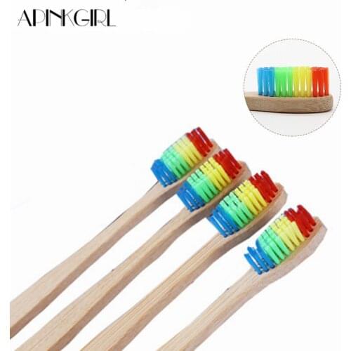 APINKGIRL1pc Environmentally Wooden Rainbow Head Soft Bristle Bamboo Toothbrush Easy To Carry Cleaning Teeth Oral Care Wholesale
