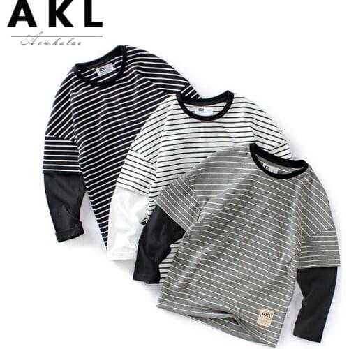 2020 Autumn Boys Stripe T-shirt Childrens Fake Two Pieces Long Sleeve Shirt Childrens Spring And Autumn Wear Hot Sale