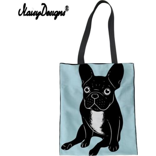 Cartoon Black French Bulldog Print Canvas Shoulder Bags Eco Shopping Bag Female Tote Purse Casual Handbag For Women Shoulder Bag