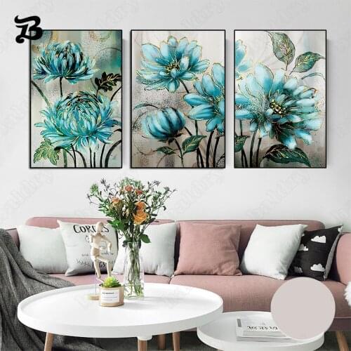 Canvas Painting Wall Art Abstract Blue Flowers with Golden Edges Decorative Wall Pictures Home Decoration Nordic Home Decor