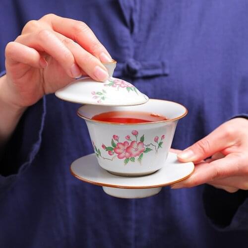 Ceramic Tea Gaiwan Teacup Handmade Tea Tureen White Porcelain Sancai Tea Bowl Tea Cup and Tea Lid Set