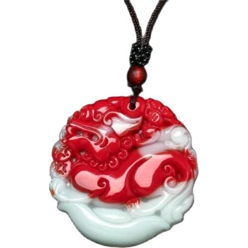 China hand carved red white jade Gobi Natural Jade fengshui Safety Pendant Necklace
