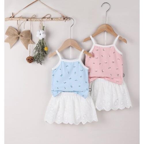 Baby Girls Two-piece Clothes Set Floral Printed Pattern Boat Neck Camisole and Skirt Blue Babys Sets