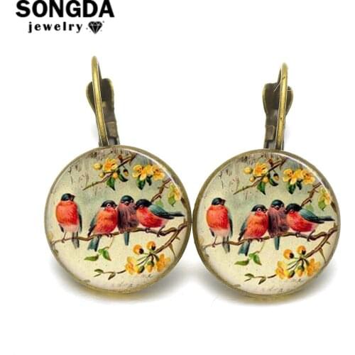 SONGDA Cute Wild Bird Statement Drop Earrings for Women Antique Bronze Glass Cabochon Art Photo Earrings Vintage Animal Jewelry