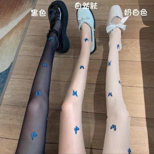 Hot New Blue Butterfly Silk Stockings Lolita Cartoon Socks Spring Summer Loli Cosplay Sexy Thin Tight Leggings Girl Women