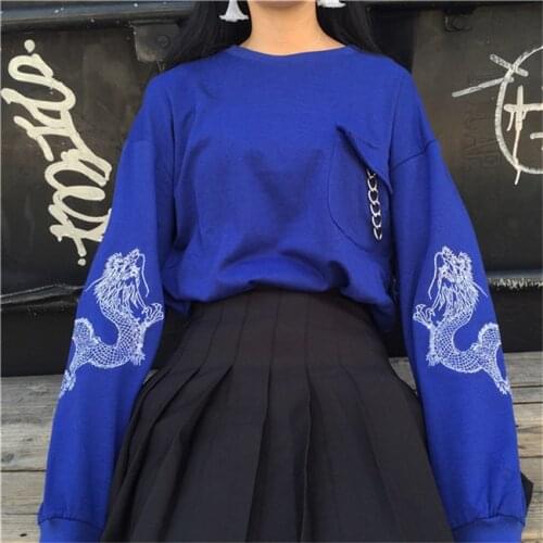 Merry Pretty Harajuku Dragon Embroidery Blue Hoodie Women Sweatshirt Black Pullovers Tracksuit Punk Rock Metal Chain Gothic Tops