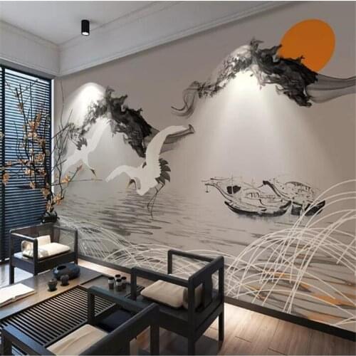 Landscape fishing boat crane new Chinese style wall professional production mural wholesale wallpaper custom photo wall