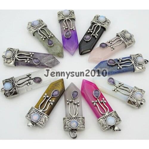 Natural Gems Stone Reiki Chakra Spear Pointed Healing Flower Pendant Charm Beads Silver Plated Healing Jewelry Design 10Pcs/Pack