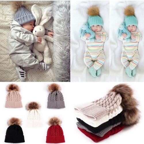 Newest Hot Newborn Girls Boys Winter Warmer Wool Fur Kids Cap Pompom Ball Baby Knitted Cotton Hat 0-36M