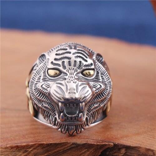 Real S925 Sterling Silver Vintage Thai Silver Ring for Men Open Hip Hop Rock Style Tiger Head Silver Copper Combined Jewelry