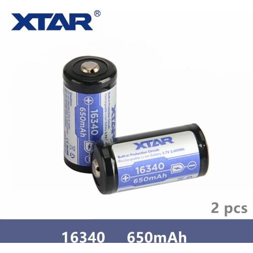 2 Pcs Original Xtar Rechargeable 16340 650mAh 3.7V protected battery designed for flashlights portable power supplies etc