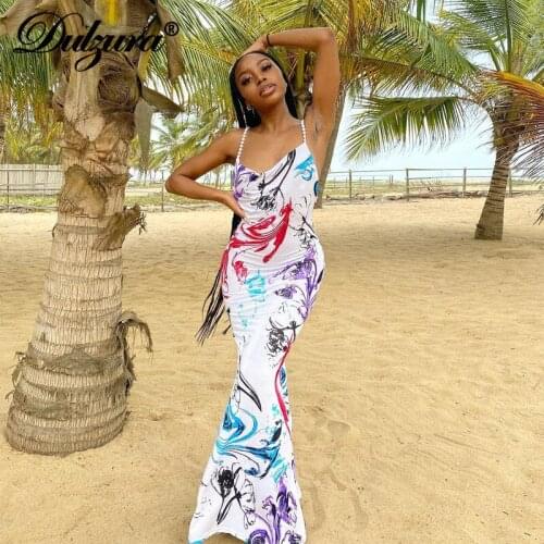 Dulzura Tie Dye Print Women Pearl Strap Midi Dress Ruched Backless Streetwear Party Club Festival Holiday 2021 Summer Clothes