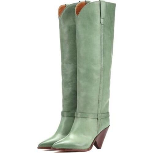 Drop Shipping New 2019 Spring Woman Light Green Pointed Toe Spike Heels Knee High Leather Long Boots V-open Shape Boots Lady