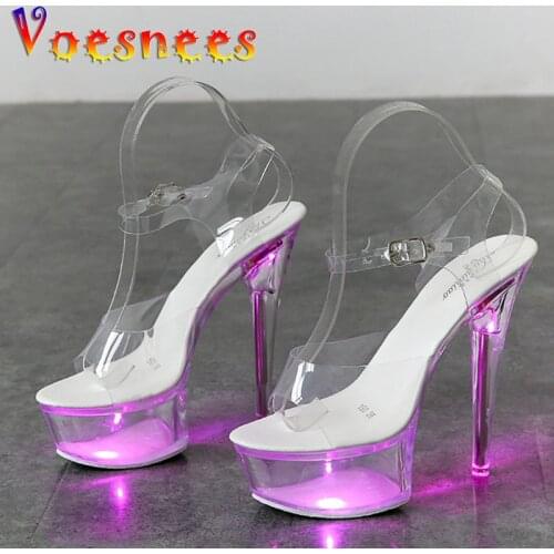 6 Color Light Up Glowing Sandal Luminous Clear Crystal 15CM High Heel Shoes Women Platform Transparent Model Catwalk Shown Shoes