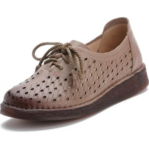 Women Genuine Leather Sandals Summer Casual Hollow Flat Shoes Lace up Comfortable Ladies Slip on Sandal Women Beach Shoes