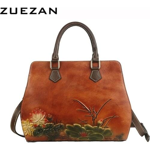 3-dimensional Embossed,Women Genuine Leather Handbag, Retro Vegetable Tanned Leather, Lotus Flower, Water Lily, LY001