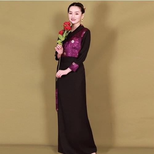 Traditional Tibetan Clothing Spring Autumn Elegant Women Long Dress Classical Ethnic Stage Wear Tibet Robe Vintage Femme AA5312