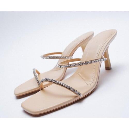 2021 Summer New Crystal High Heel Women Sandals Beige Square Toe Slides Slipper Female