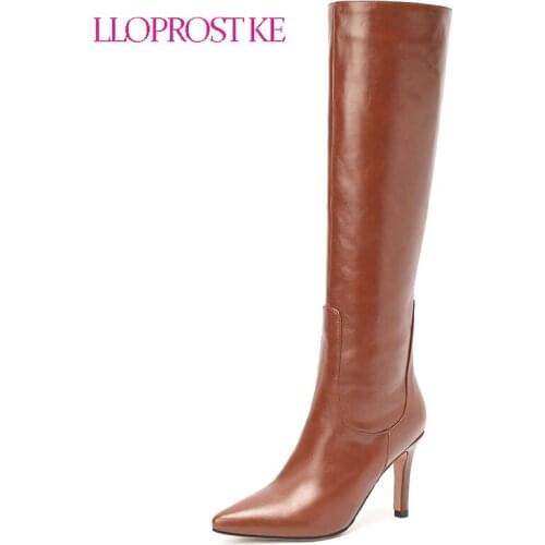 Lloprost ke Black Beige Women Knee High Boots Faux Leather High Quality Women Thin High Heel Boots Pointed Toe Womens Boots