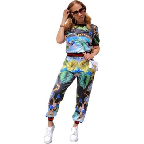 Fashion Casual Sports Two-piece Suit O-neck Short Sleeve Tops Elastic Waist Sweatpants 2PC Set Retro Print Women Suit 2 Colors