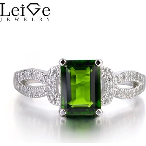 Leige Jewelry Chrome Diopside Ring 925 Sterling Silver Wedding Engagement Rings for Women Green Gemstone Jewelry Emerald Cut