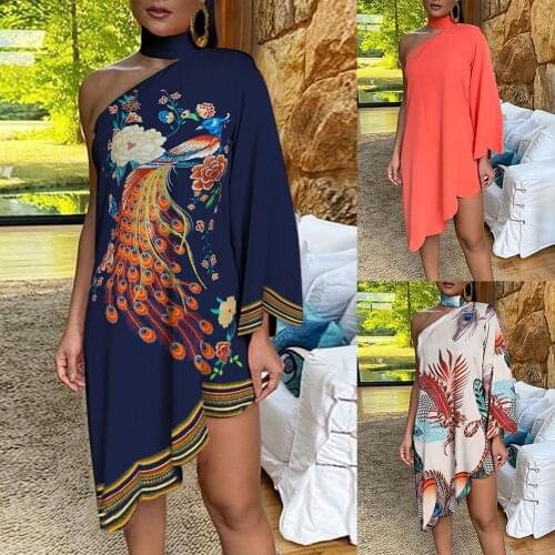 2021 New Women Plus Size Dress Apparel Female Fashion Choker Peacock Print One Shoulder Irregular Ruffled Hem Dress