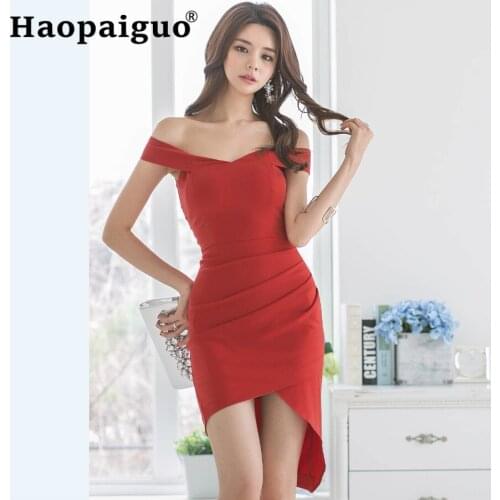 2019 Summer Red Sexy Dresses Women Slash Neck Off Shoulder Bodycon Bandage Dress Women Asymmetrical Bandage Wrap Dresses Ladies
