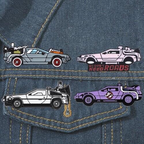 Cartoon Back To The Future Car Model Brooch Creative Kids Backpack Badge Pins Cool Sports Car Jewelry Gift