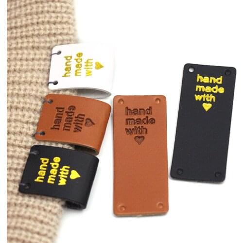 20Pcs Handmade Labels Brown Black White PU Leather Tags Hand Made With Love Labels For Sewing Accessories DIY Crafts 20*50MM