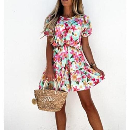 2021 Summer Elegant O-Neck Prints Belt Dress Eexy Casual High Waist Vacation Dresses Vestidos Fashion Sweet Ruffled Beach Dress